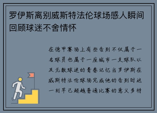 罗伊斯离别威斯特法伦球场感人瞬间回顾球迷不舍情怀 罗伊斯离别威斯特法伦球场感人瞬间回顾球迷不舍情怀